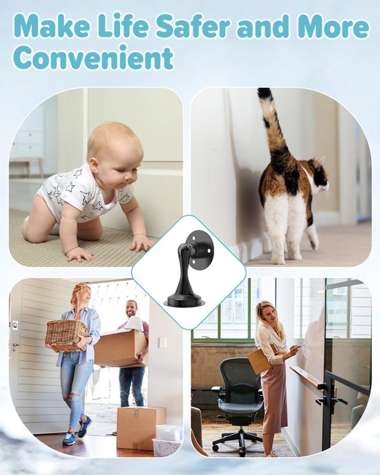 Collage met een baby, kat, stel dat verhuist en een vrouw die bij een whiteboard staat, met een zwarte deurstopper in het midden.