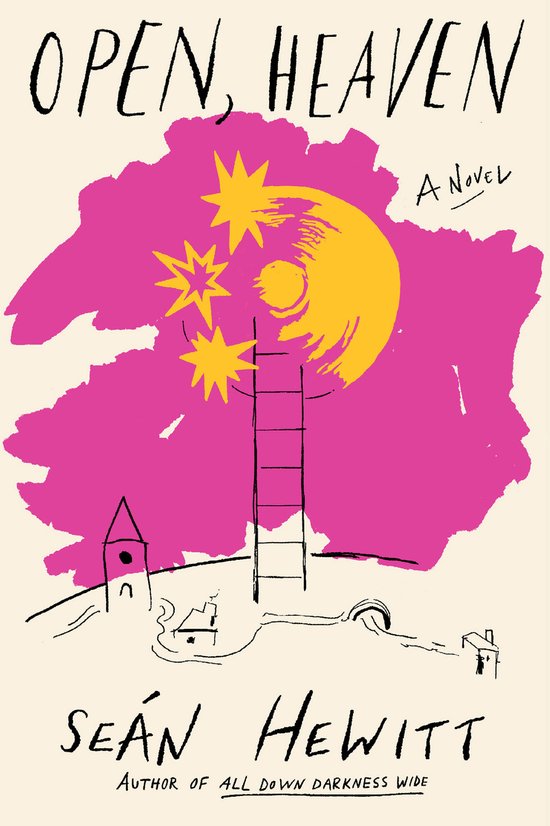 Boek kaft met de titel 'Open, Heaven' in zwarte letters, met een illustratie van een ladder die naar drie gele sterren en een gele cirkel leidt op een roze achtergrond.