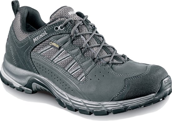 Donkergrijze Meindl Gore-Tex wandelschoen met veters en mesh details.