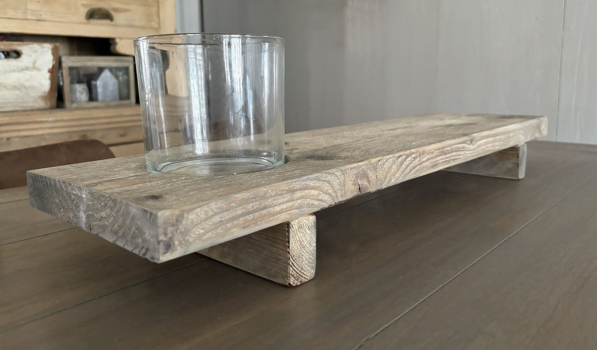 Vensterbank plank - Met glazen vaas - Verzonken houder - Tafelplank - Gebruikt hout - 70x19,5x8 cm