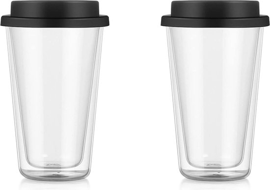 Plcnn 2-delige dubbelwandige glazen tuimelaar om mee te nemen 355ml Herbruikbare heldere reisbeker met siliconen deksel Geïsoleerde dubbelwandige glazen reisbekers voor koffie, melk