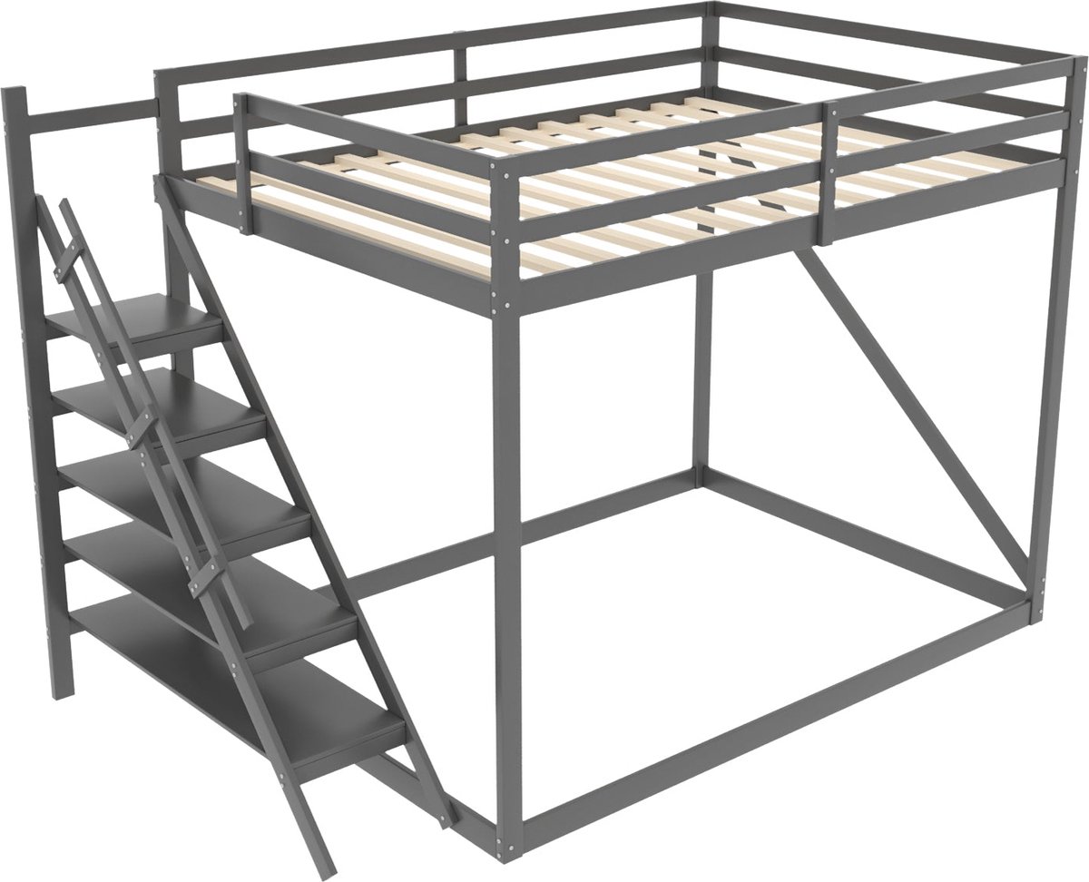 Merax Stapelbed 140x200 cm met Uitvalbeveiliging Hoogslaper Bed van Massief Hout Grijs