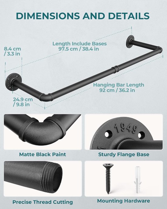 ITOOLFIRM Zware ijzeren pijp kledingrek, 70cm verstelbaar metalen kledingstuk netjes rail wandmontage, schoon wit vintage stalen staaf kledingkast opslag opknoping bar 20cm diep