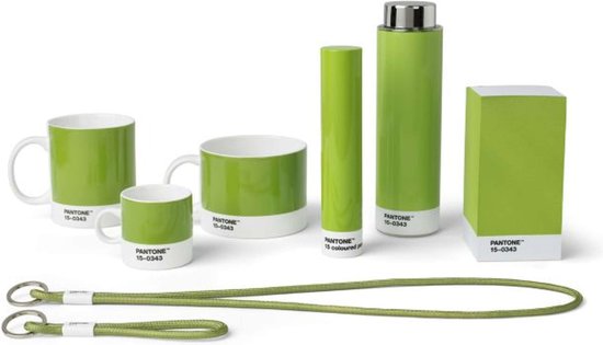 Groene mokken, fles en doos in Pantone 15-0343, naast groene lanyards.