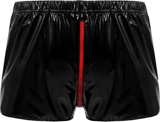 Boxer brillant cuir artificiel - Cuir - Fermeture éclair entrejambe ouverte - Look latex - Vêtements porno BDSM - Erotiek - Shorts - Shorts