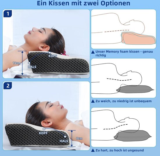 Ergonomisch Halskussen Tegen Nekpijn – Traagschuim Met 2 Hoezen En Oogmasker – Voor Zij-, Rug- En Buikslapers