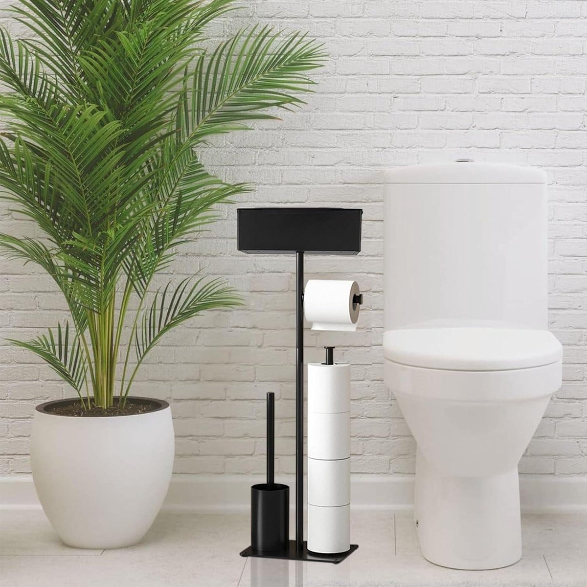 GUIGUZI Toilet Paper Holder Standing with Toilet Brush, Stainless Steel Black Toilet Paper Holder with Wet Cloth Box, Standing Paper Holder for Kitchen and Bathroom