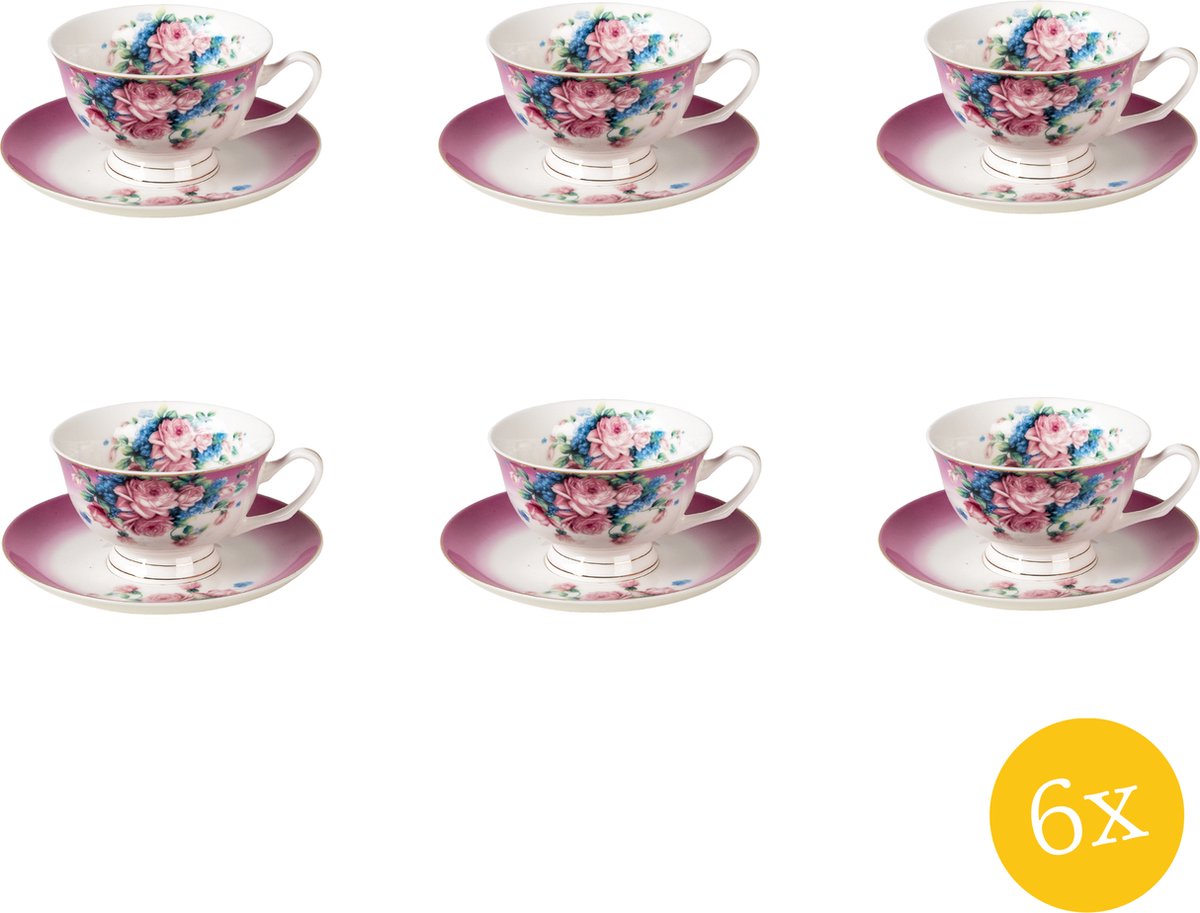 Clayre & Eef Kop en schotel set van 6 stuks schotel 200 ml Paars Porselein Rond Bloemen Servies