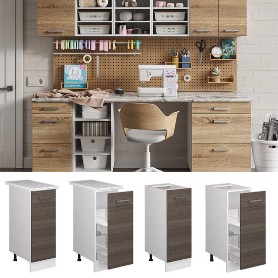 Vicco Élément bas universel R- Line, Grijs/ Wit, 30 cm avec porte, avec plan de travail