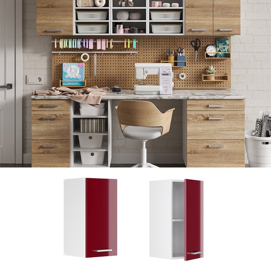 Vicco Armoire suspendue universelle R- Line, Rouge bordeaux brillant/ Wit, 30 cm avec porte