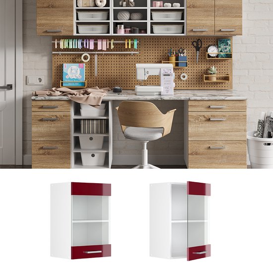 Vicco Armoire suspendue universelle R- Line, Rouge bordeaux brillant/ Wit, 40 cm avec porte vitrée