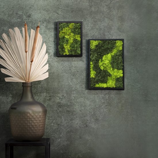Deux œuvres d'art rectangulaires en mousse avec de la mousse de renne vert foncé et chartreuse, accrochées à un mur vert foncé.