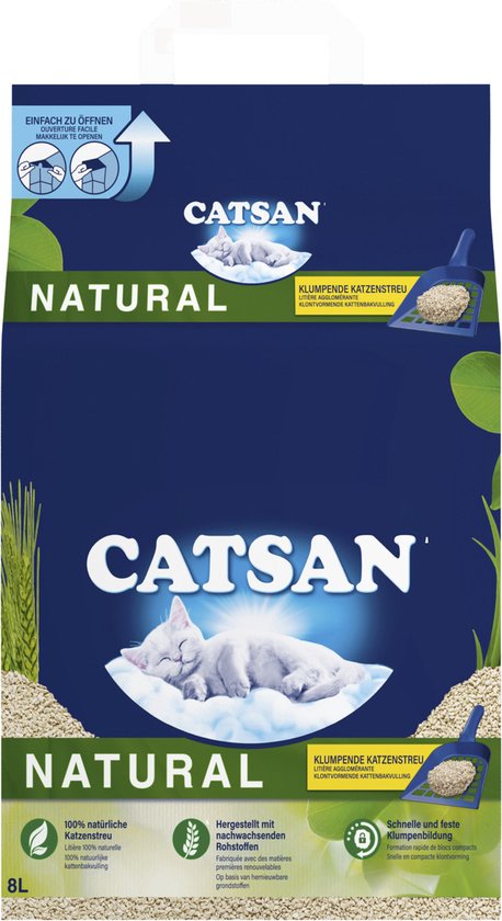 Catsan Natural klontvormende kattenbakvulling zak met witte kat op wolk, tarwe en groene bladeren.