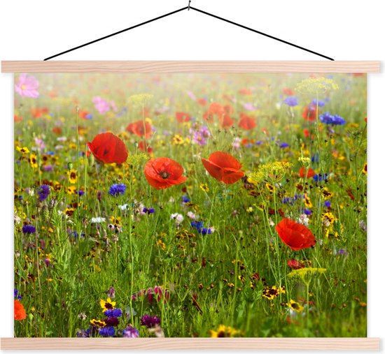 Porte-affiche incl. Affiche 120x90 cm - Tableau scolaire - Printemps - Fleurs - Rouge - Coquelicot - Herbe - Vert - Affiche textile - Lattes naturelles