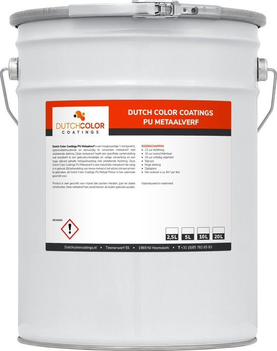 Grote witte metalen emmer met een oranje en grijs label, "Dutch Color Coatings PU Metaalverf" staat erop.