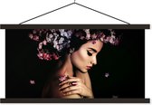 Posterhanger incl. Poster 150x75 cm - Schoolplaat - Bloesem - Vrouw - Roze - Bloemen - Luxe - Textielposter - Zwarte latten