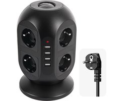 Stekkerdoos met USB en Schakelaar Powercube Stekkerblok - 2 m Verlengsnoer - 8 Geaarde Stopcontacten - 4 USB-A Poorten - Overspanningsbeveiliging - Zwart