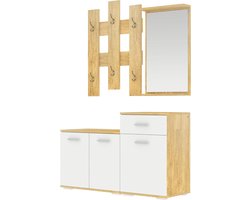 Garderobeset 3-in-1 Complete Garderobekast met Opbergkast - 6 Haken - Spiegel - Schoenenrek - Gangdressoir - Wandkapstok - Ganggarderobe - Gang Naturel kapschuur