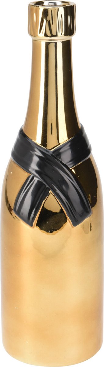 H&S Collection HS Collection Bloemenvaas Champagne fles - keramiek - zwart/goud - 11 x 39 cm - feestelijke vaas