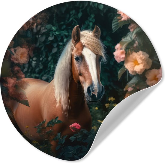 Stickers muraux cheval - Fleurs - Nature - Animaux - Papier peint sticker - Papier peint cercle autocollant - Revêtement mural - Décoration murale ronde - 50x50 cm - Muursticker cercle - Stickers adhésifs - Sticker mural