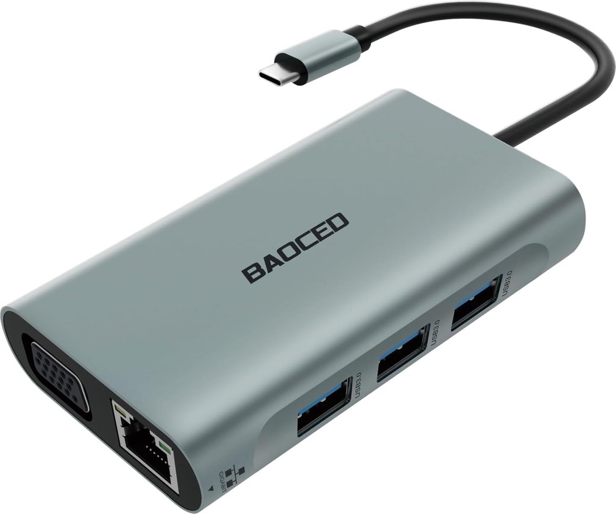 StayPowered USB C HUB - Verbind 2 Monitoren en Opladen Tegelijk - 4K HDMI & VGA - 3 USB 3.0 Poorten - Gigabit Ethernet - 100W Power Delivery - Snelle Gegevensoverdracht - Compact en Betrouwbaar - Zwart - Levering Sneller dan Aangegeven!