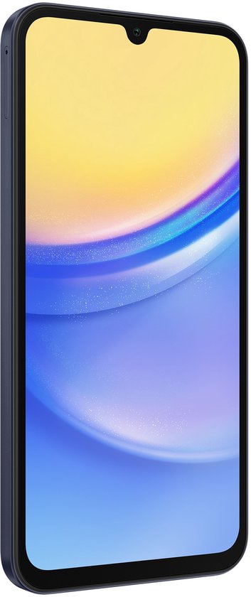 Zijaanzicht van een donkerblauwe Samsung Galaxy A15 5G smartphone met een V-vormige inkeping.