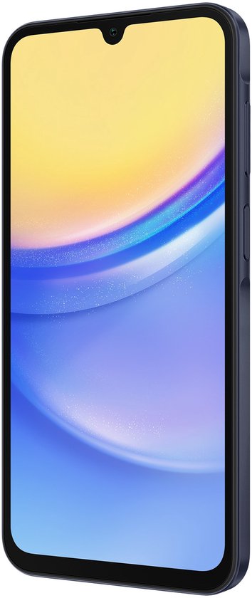 Zijaanzicht van een donkerblauwe Samsung Galaxy A15 5G smartphone met een V-vormige inkeping.