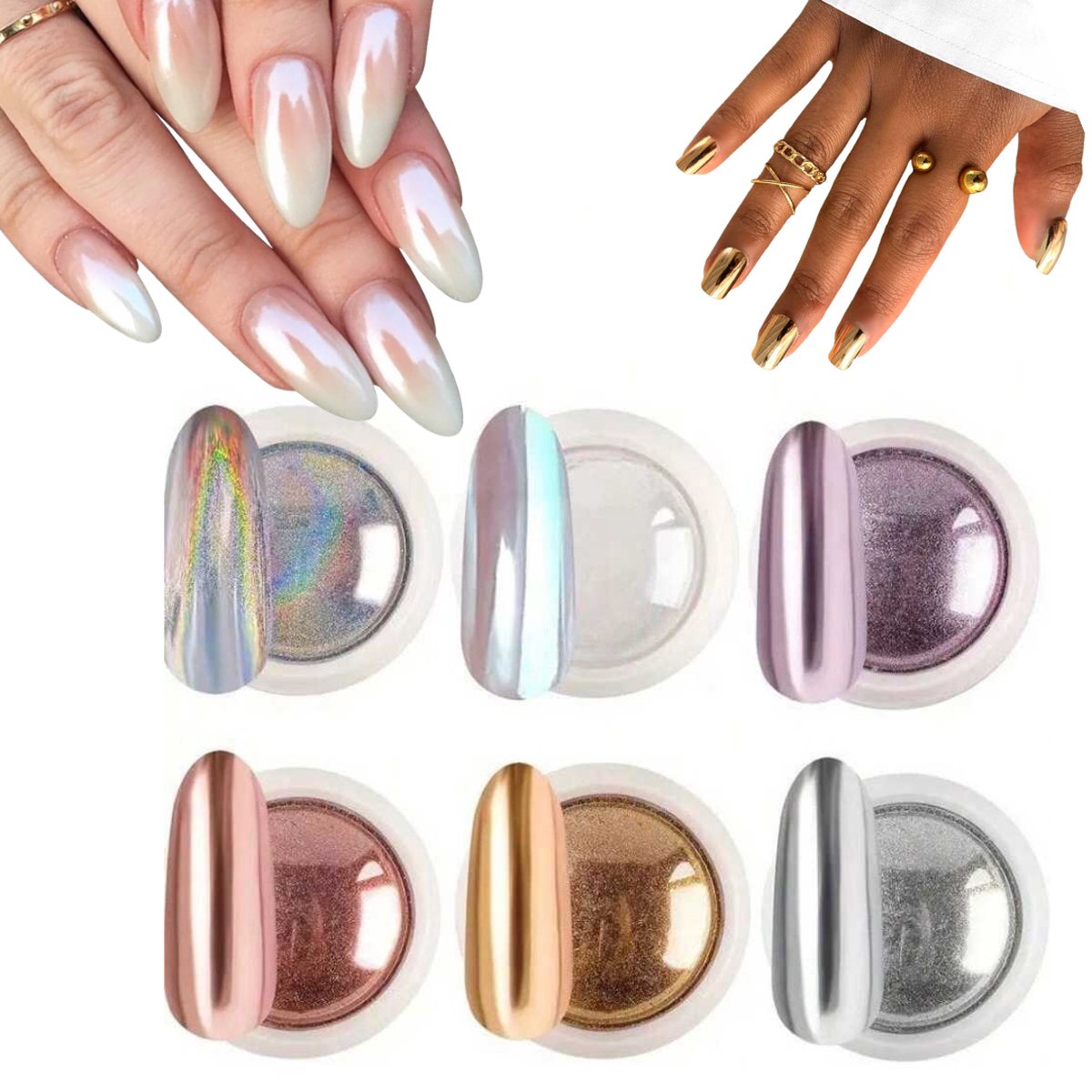 Goedkoopste GUAPÀ® Holografische Glitter Poeder Set | 6 Nail Art glitters | Kameleon Chrome Poeders | Nail Art & Nagel Decoratie | Spiegel en pigment poeder | Chrome Nagels | 6 stuks diverse kleur Holografische Poeders
