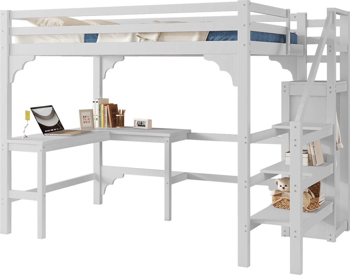 Merax Loftbed met Bureau en Open Kledingkast - 140x200 cm - Minimalistisch Wit - Hoogwaardige Vurenhoutconstructie