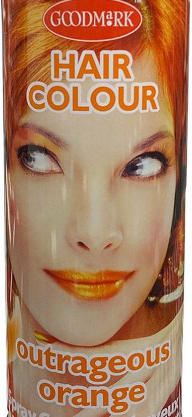 Goodmark Outrageous Orange haarkleur spray met close-up van gezicht vrouw met oranje haar en oranje lippen.