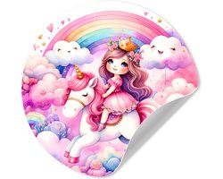WallCircle® - Behangcirkel 50x50 cm - Muurstickers Eenhoorn - Prinses - Unicorn - Roze - Regenboog - Muurcirkel - Kinderkamer accessoires - Decoratie babykamer - Wandcirkel zelfklevend