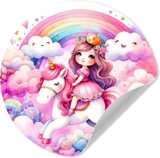 WallCircle® - Behangcirkel 50x50 cm - Muurstickers Eenhoorn - Prinses - Unicorn - Roze - Regenboog - Muurcirkel - Kinderkamer accessoires - Decoratie babykamer - Wandcirkel zelfklevend