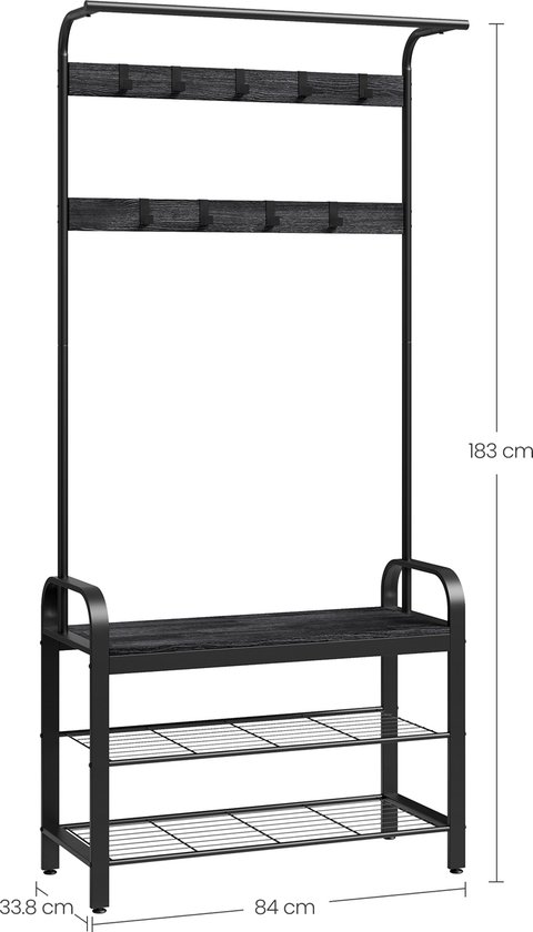Zwart kapstok met haken, zitbank en 2 schoenenrekken. Afmetingen: 84x33.8x183 cm.