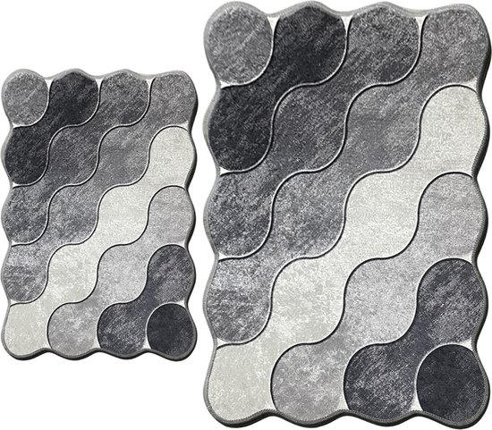 Badmatset, 2-delig, bladdesign, antislip, wasbaar, kleur grijs