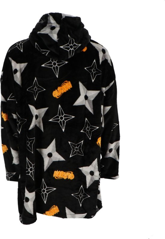 Achterkant van een zwarte hoodie deken met een all-over print van witte shuriken en oranje "Naruto"-logo's.