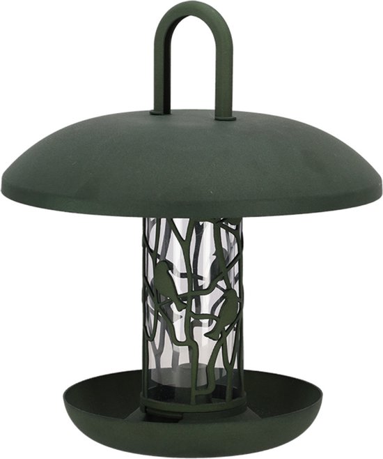 Groene vogelvoedersilo met schotel en ufo-vormig dak. Transparante silo met decoratieve takken en silhouetten van vogels.