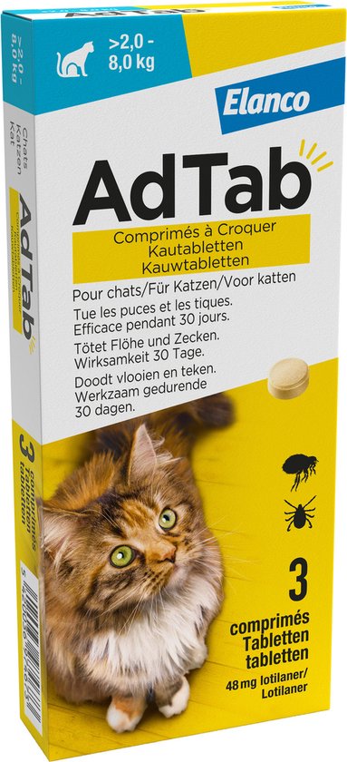 Elanco AdTab Anti Vlooien en Teek - Kauwtabletten - Kat - >2-8 kg - 3st