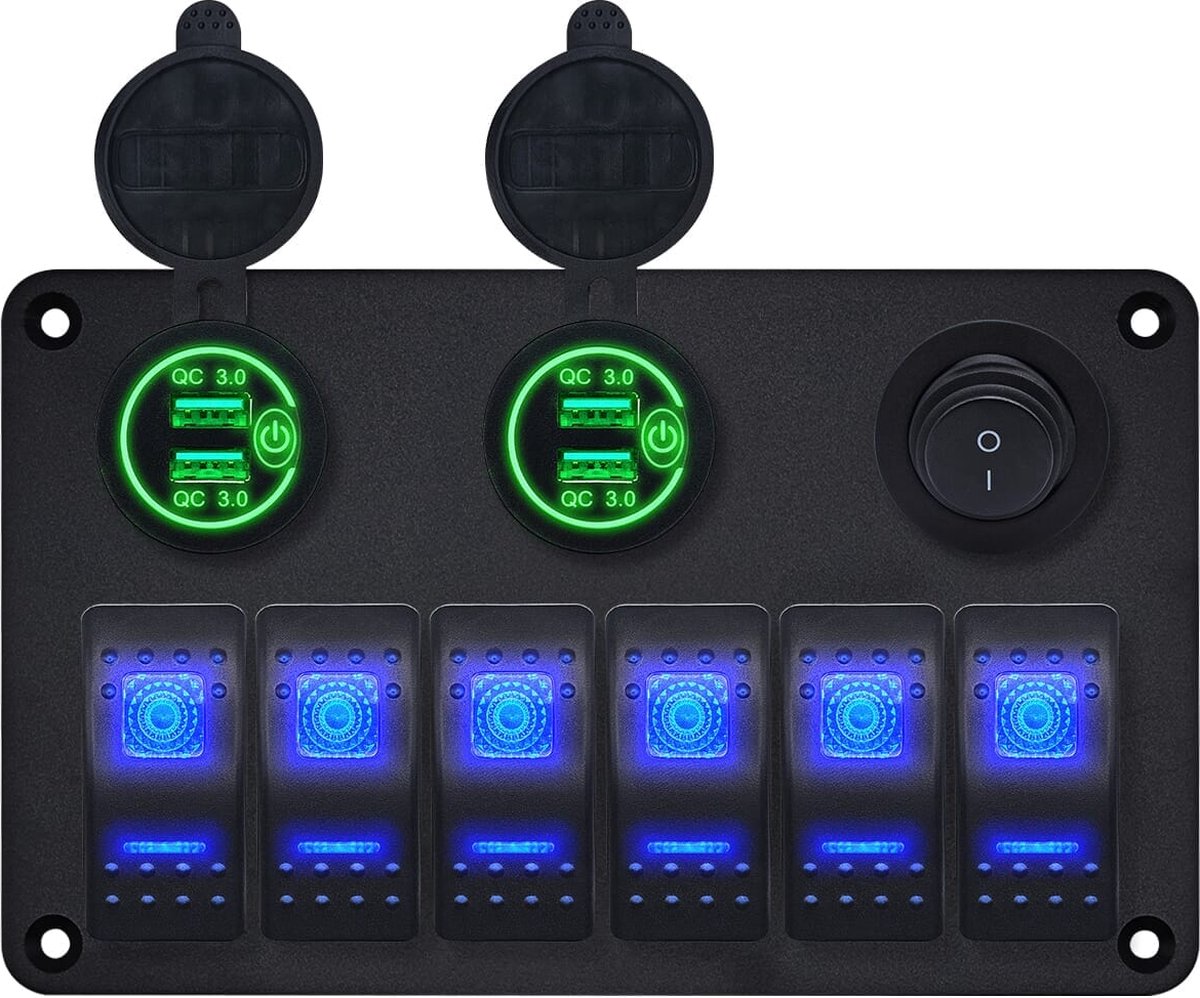 ProRide Schakelpaneel 12V voor Auto/Boot - USB Lader 4 Poorten met Schakelaar - QC3.0 - PUSB1QC-G - 6 Schakelaars