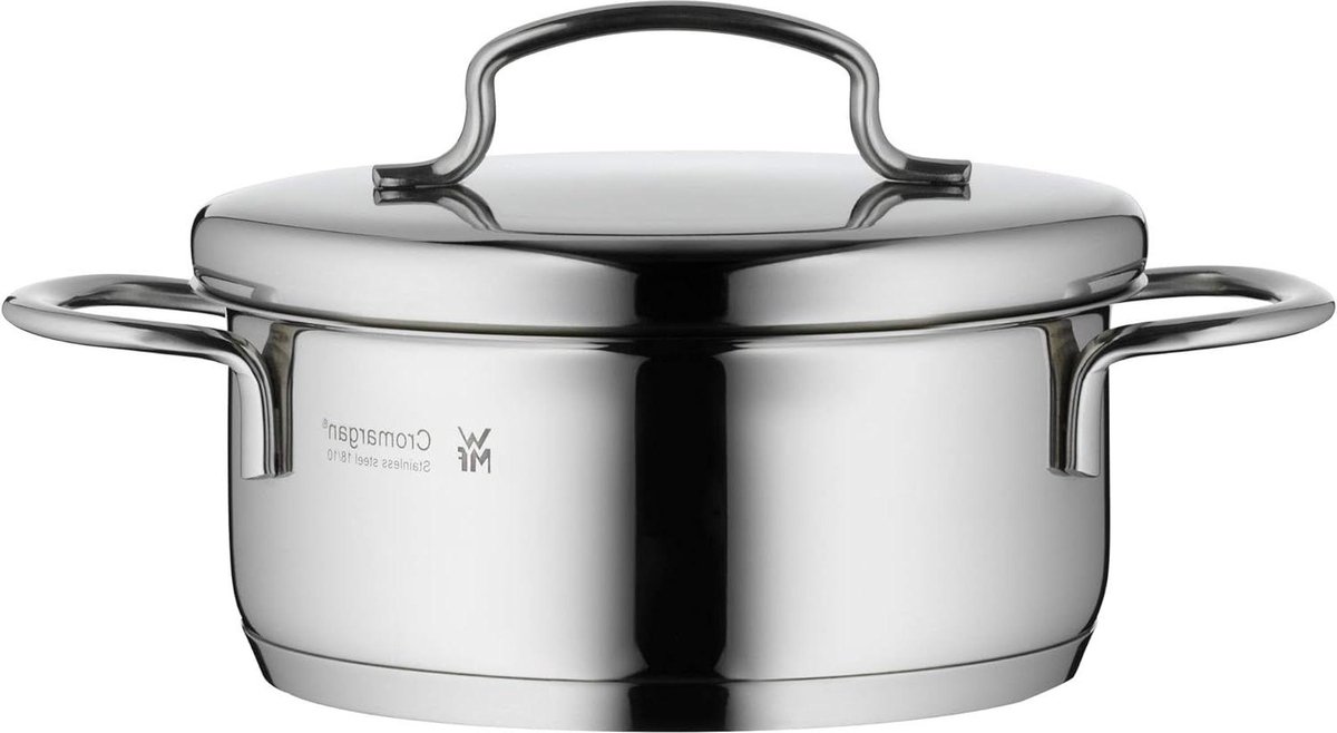 Lage kookpan 12cm met deksel Cromargan 18/10 RVS - Ruimtebesparend - Stapelbaar - Design - TransTherm universele bodem - Vaatwasmachine bestendig