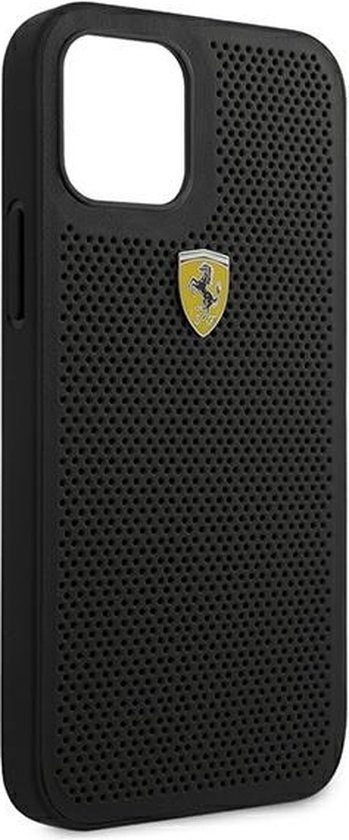 Zwart Ferrari telefoonhoesje met geperforeerd patroon en geel-zwart Ferrari logo.