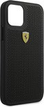 Zwart Ferrari telefoonhoesje met geperforeerd patroon en geel-zwart Ferrari logo.