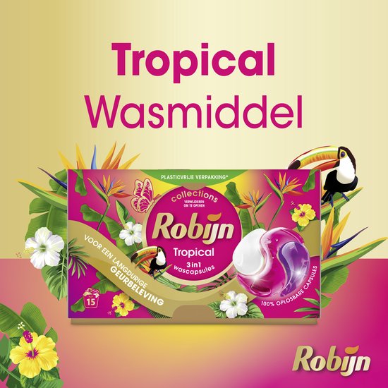 Doos Robijn Tropical 3-in-1 wascapsules met tropische print, omringd door bloemen, bladeren en een toekan.