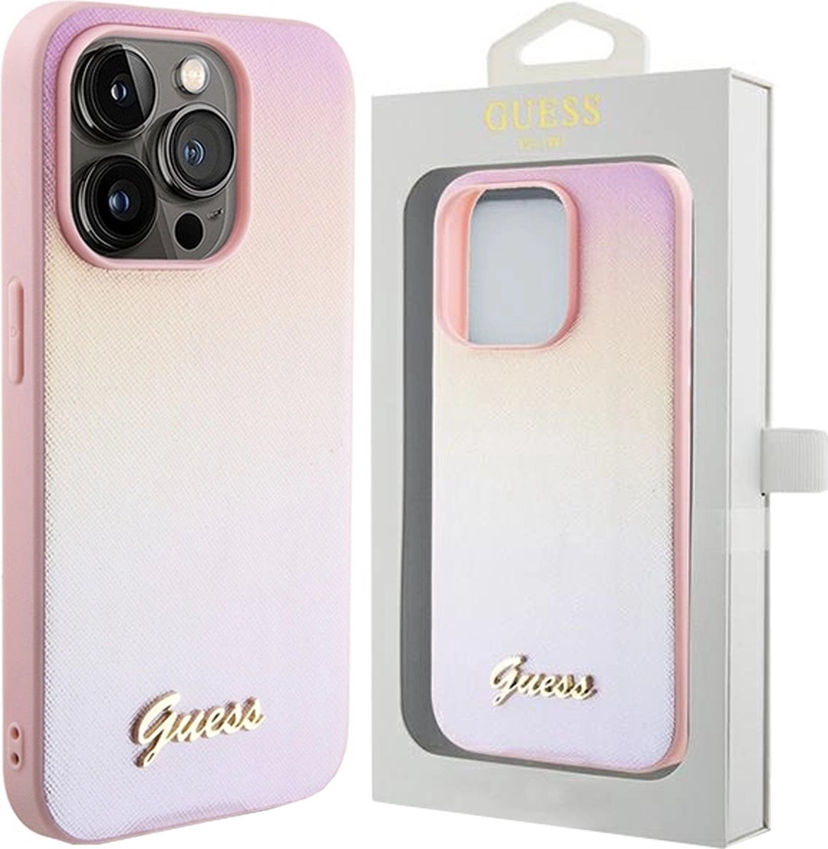 Guess - Saffiano - Iridescent Script hoesje voor iPhone - 14 - Pro - roze
