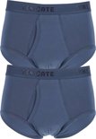 Twee blauwgrijze slips met donkerblauwe elastische taillebanden met Ten Cate logo en een gulp.