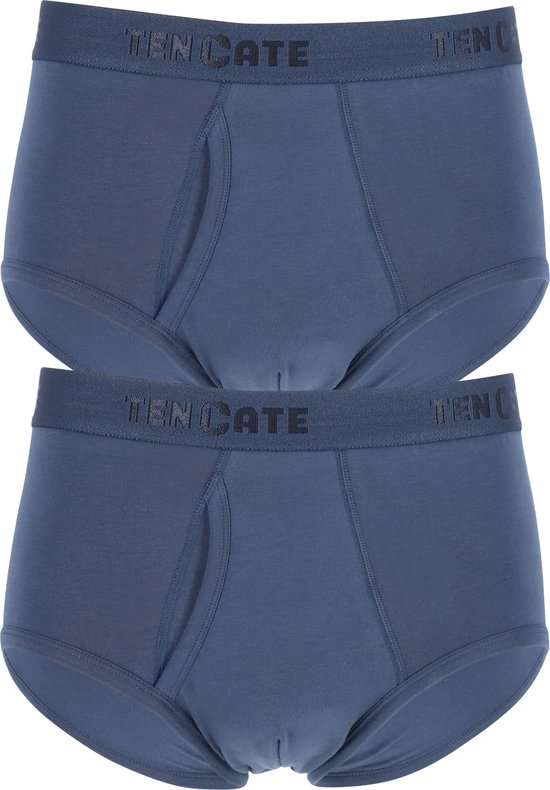Twee blauwgrijze slips met donkerblauwe elastische taillebanden met Ten Cate logo en een gulp.