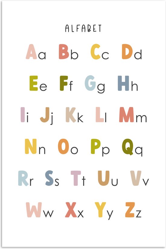 Alfabet poster met zachte pastelkleuren, letters Aa tot Zz. Duidelijk weergegeven op witte achtergrond.