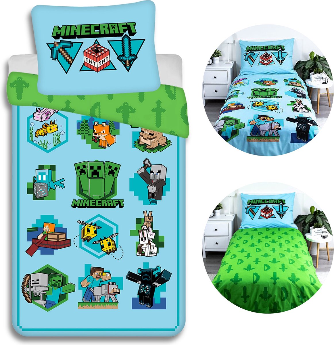 Minecraft Beddengoed Set met rits, katoenen dekbedovertrek 140x200 cm, Oeko-Tex