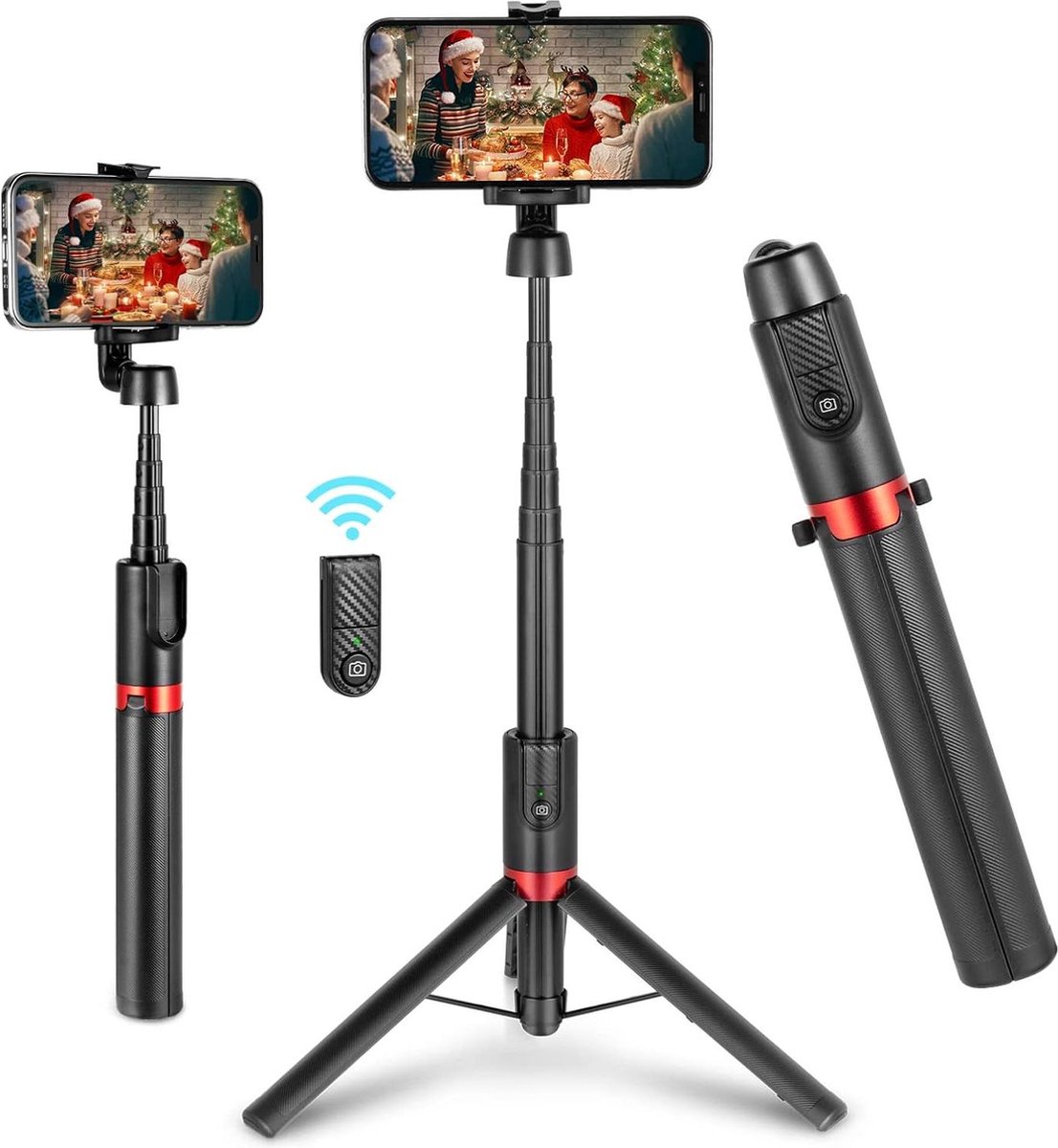 Draagbaar Selfie Stick-statief met Bluetooth-afstandsbediening en Uitschuifbare Reis - Lichtgewicht Statief voor Selfie Livestreaming - Videoconferentie en Make-up - Tik Tok Compatibel met Alle Telefoons