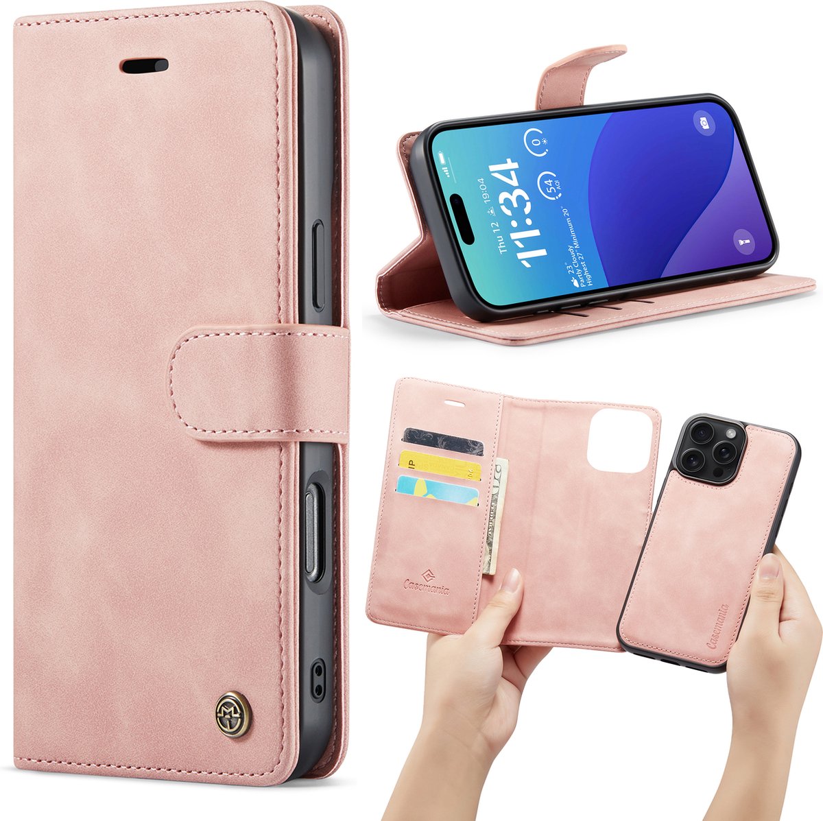 Casemania Hoesje Geschikt voor Apple iPhone 16 Pro - Pale Pink - 2 in 1 Magnetic Book Case