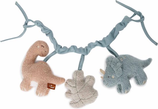 Spanner met lichtblauw koord, bruine dino, crèmekleurig blad en lichtblauwe dino.